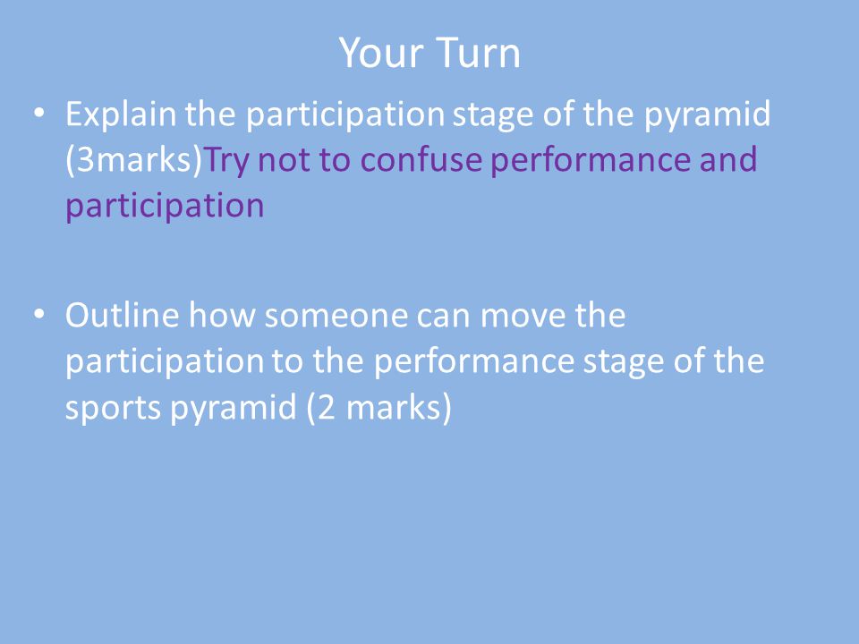 Your Turn Explain the participation stage of the pyramid (3marks)Try not to confuse performance and participation.