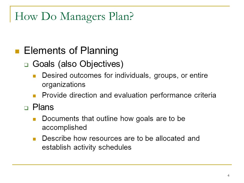 How Do Managers Plan Elements of Planning Goals (also Objectives)