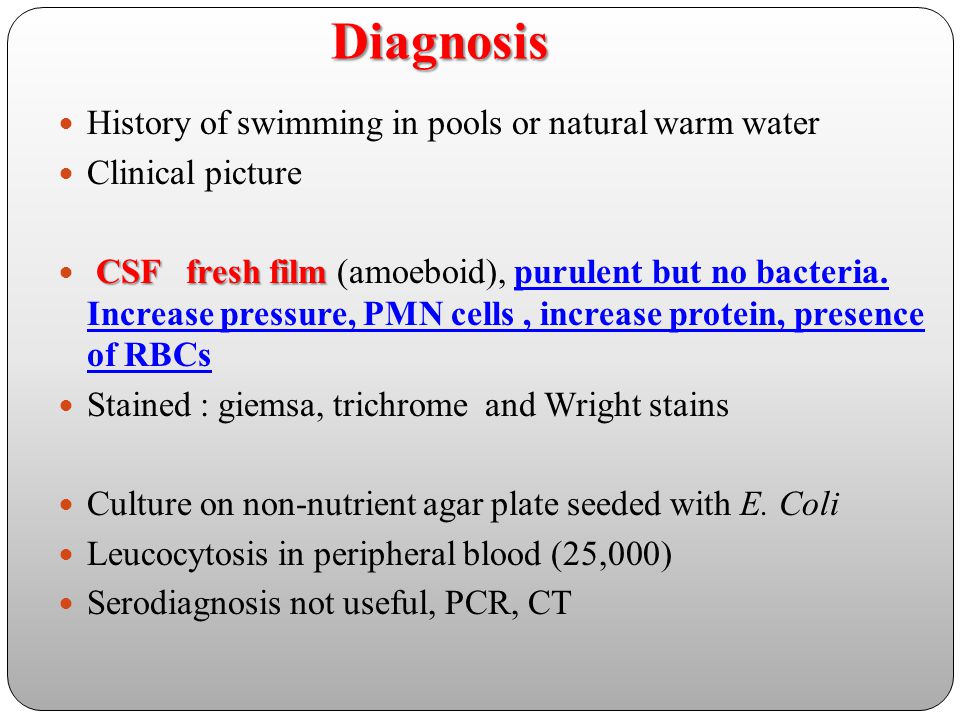 Diagnosis History of swimming in pools or natural warm water