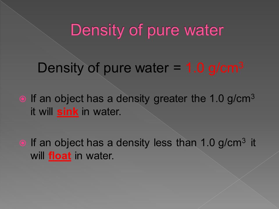 Density of pure water = 1.0 g/cm3
