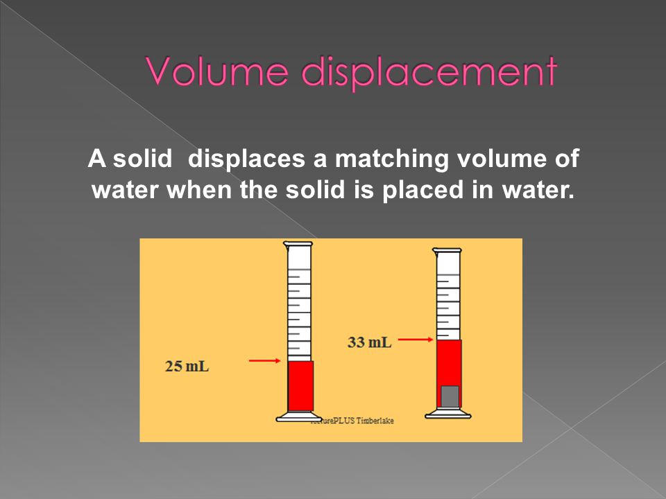 Volume displacement A solid displaces a matching volume of water when the solid is placed in water.