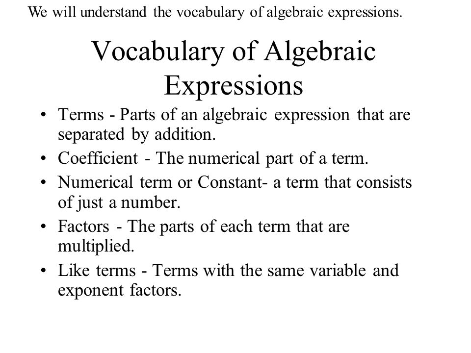 Vocabulary of Algebraic Expressions