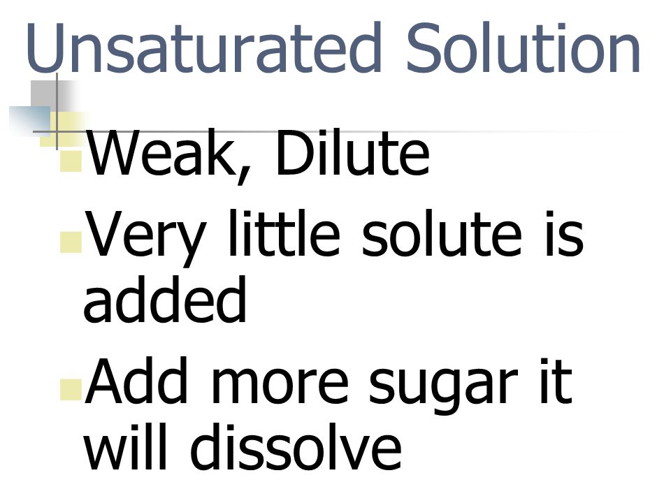 Unsaturated Solution Weak, Dilute Very little solute is added