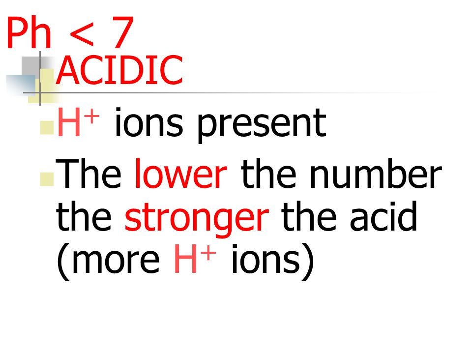 Ph < 7 ACIDIC H+ ions present