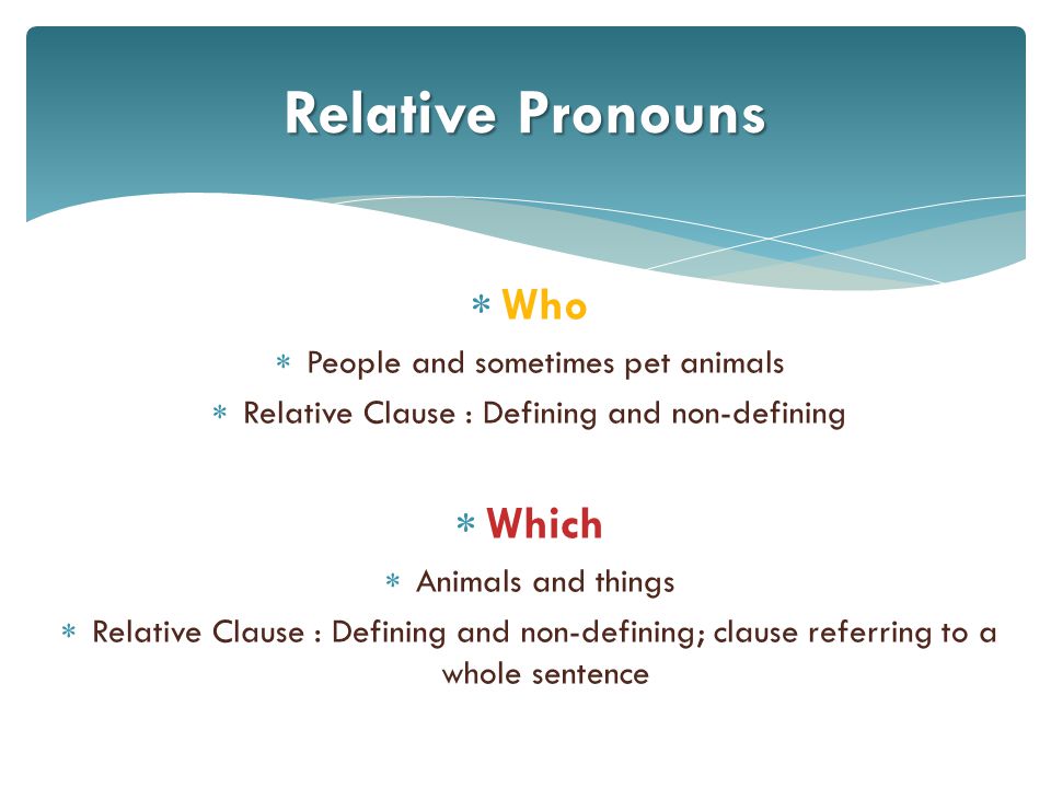 Relative Pronouns Who Which People and sometimes pet animals