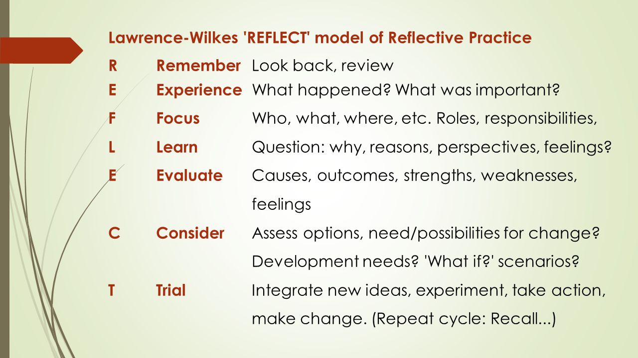 Lawrence-Wilkes REFLECT model of Reflective Practice