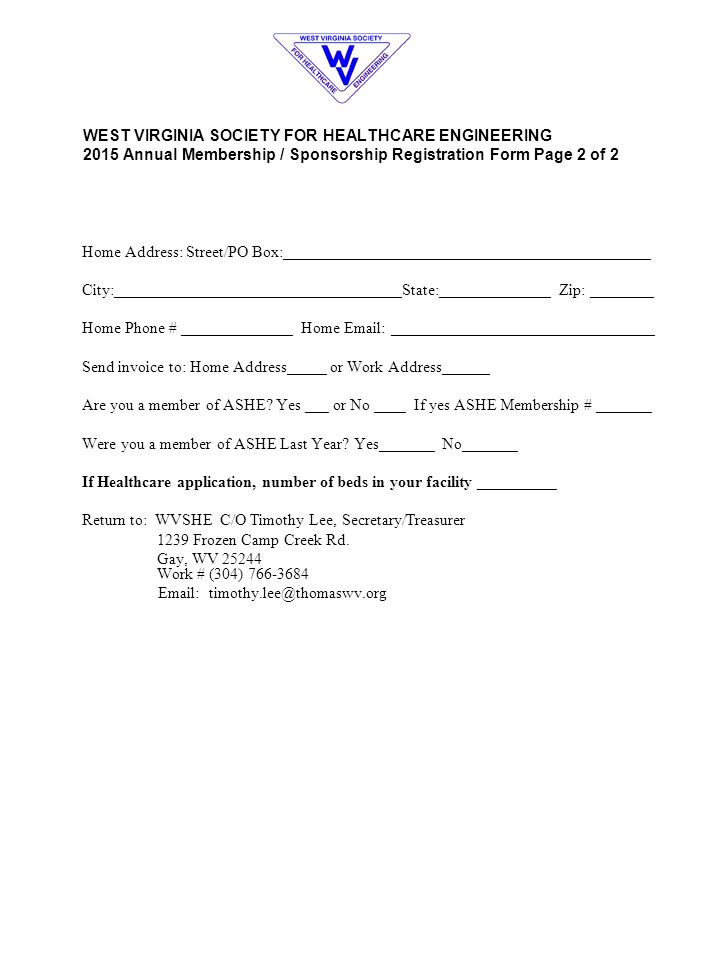 WEST VIRGINIA SOCIETY FOR HEALTHCARE ENGINEERING 2015 Annual Membership / Sponsorship Registration Form Page 2 of 2