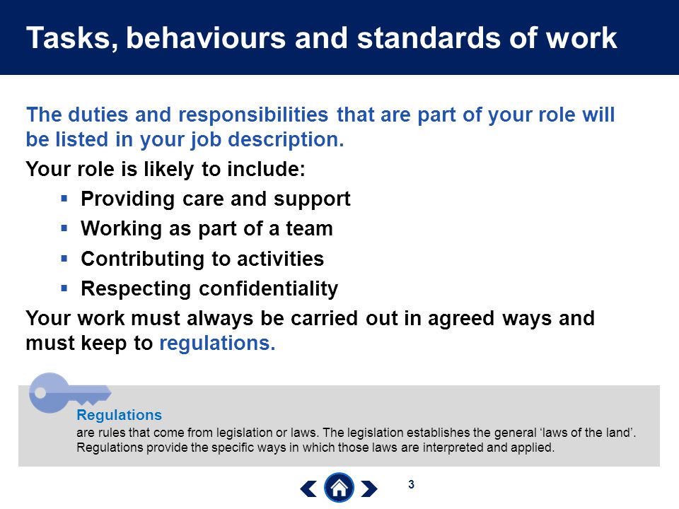 Tasks, behaviours and standards of work