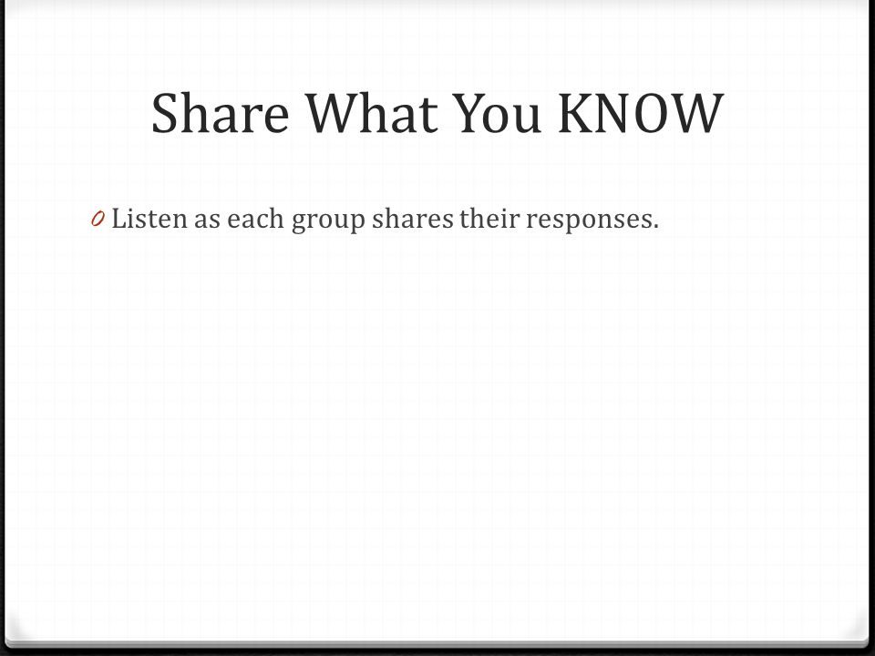 Share What You KNOW Listen as each group shares their responses.
