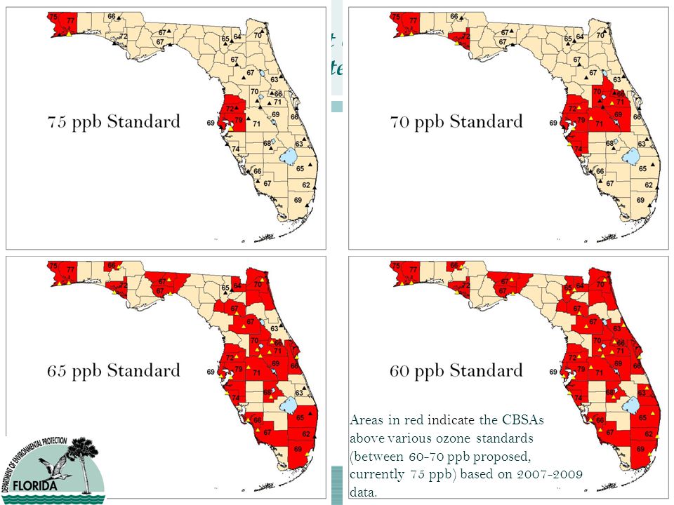 Areas in red indicate the CBSAs above various ozone standards (between ppb proposed, currently 75 ppb) based on data.