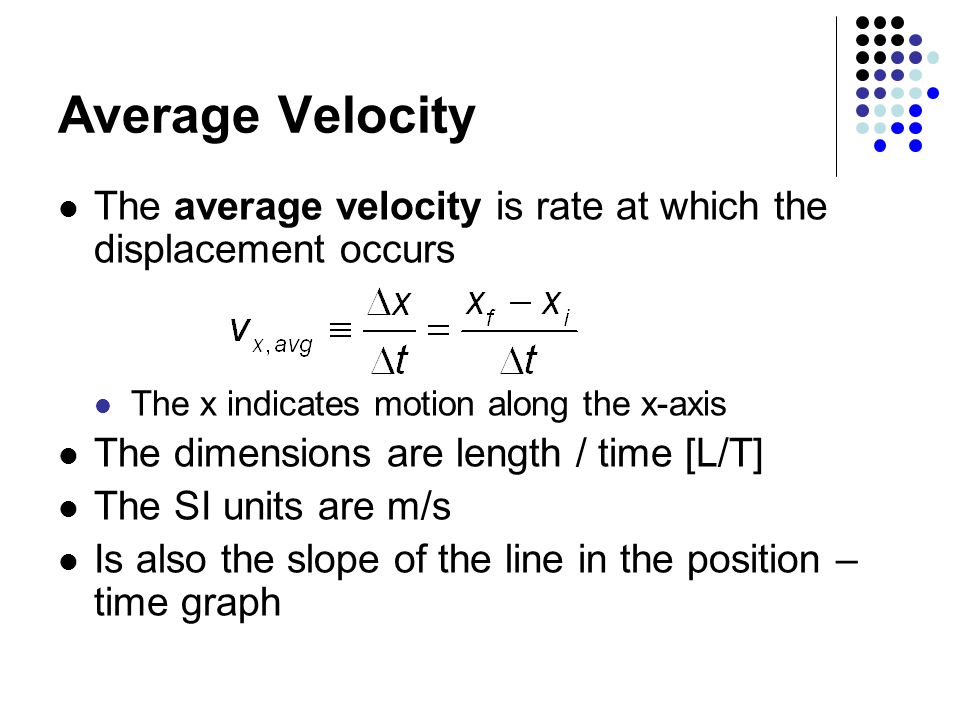 Average Velocity The average velocity is rate at which the displacement occurs. The x indicates motion along the x-axis.