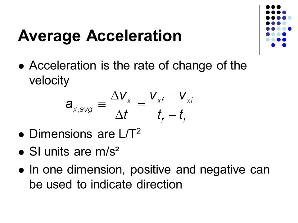 Average Acceleration Acceleration is the rate of change of the velocity. Dimensions are L/T2. SI units are m/s².