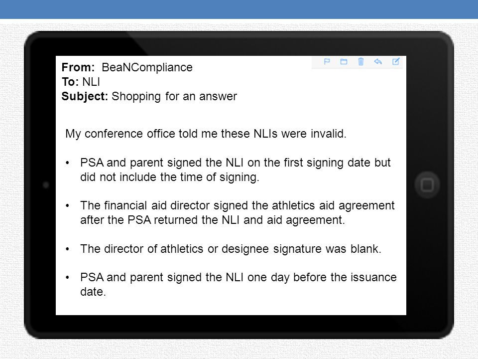 From: BeaNCompliance To: NLI Subject: Shopping for an answer