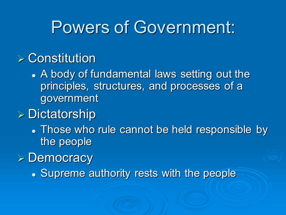 Powers of Government: Constitution Dictatorship Democracy