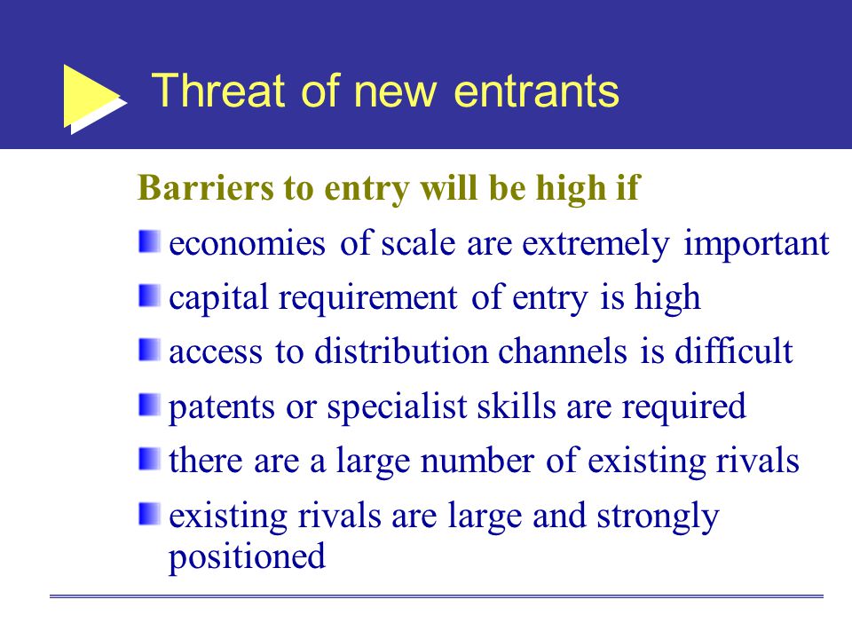Threat of new entrants Barriers to entry will be high if
