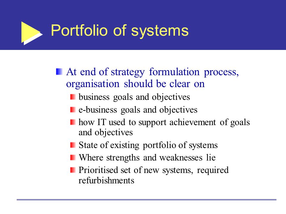 Portfolio of systems At end of strategy formulation process, organisation should be clear on. business goals and objectives.