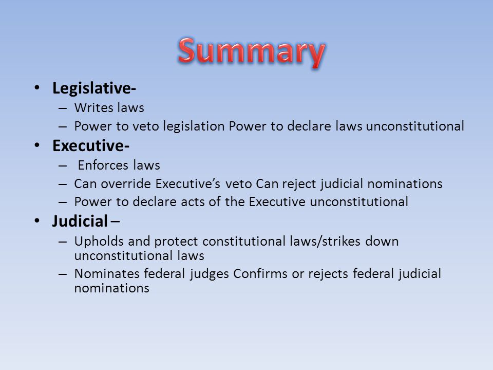 Summary Legislative- Executive- Judicial – Writes laws