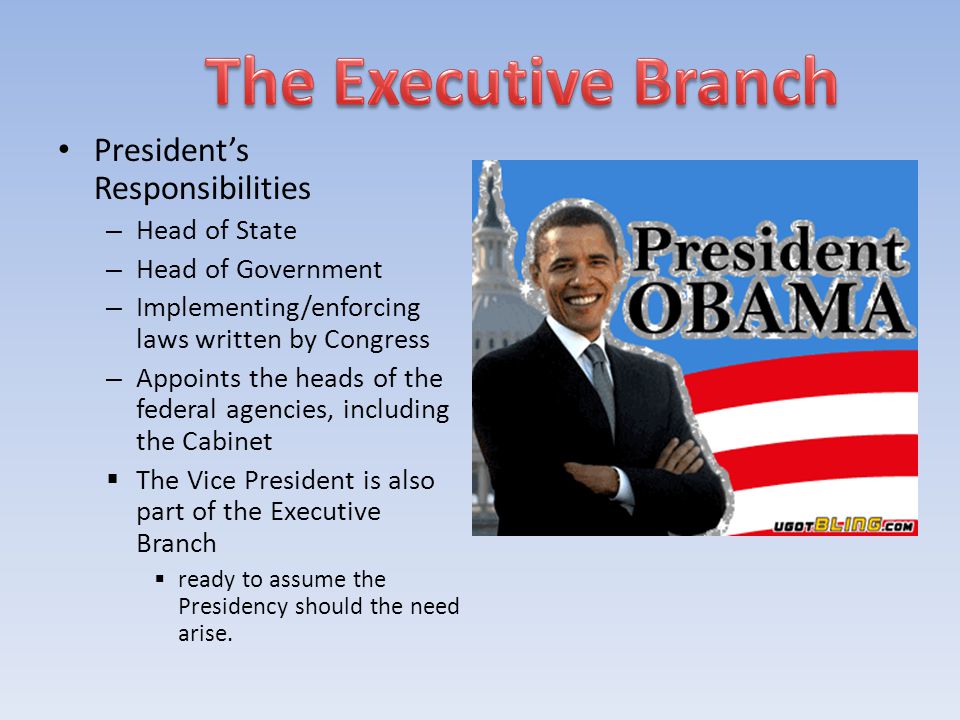 The Executive Branch President’s Responsibilities Head of State