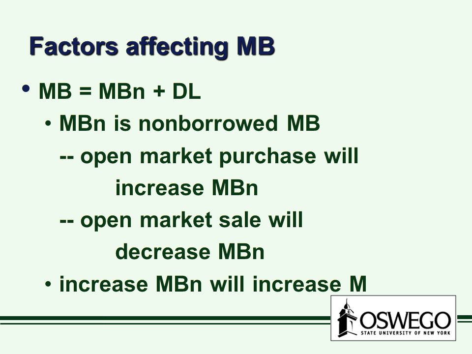 Factors affecting MB MB = MBn + DL MBn is nonborrowed MB
