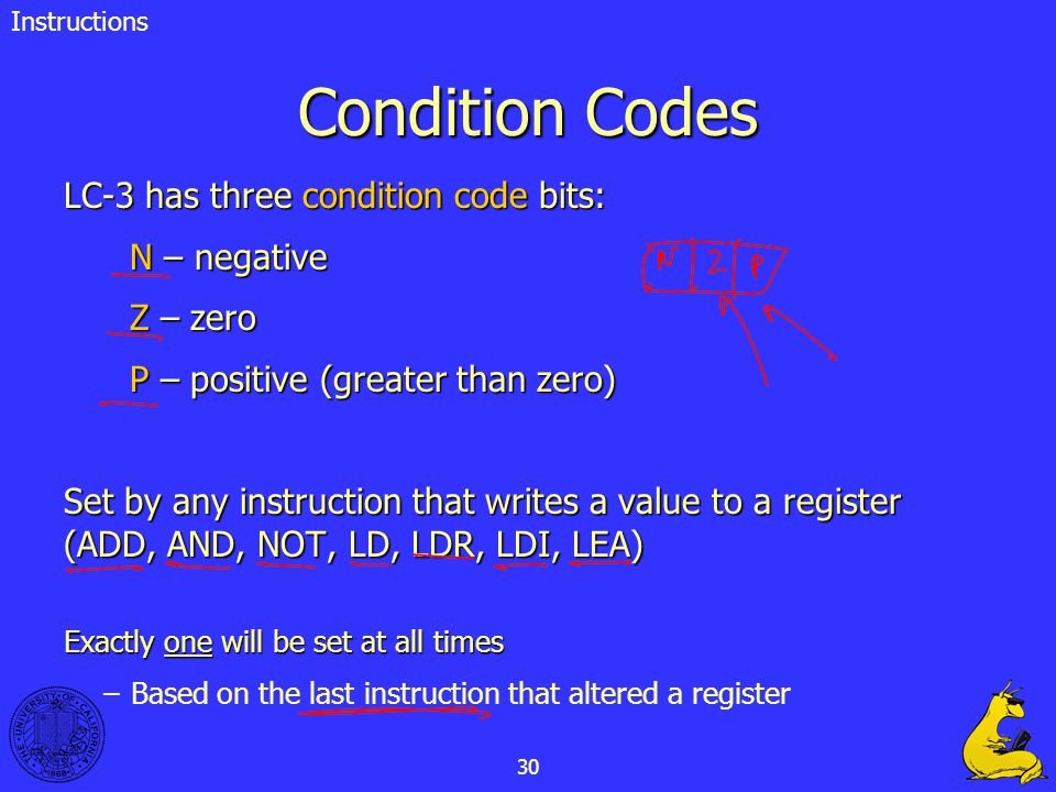 Condition Codes LC-3 has three condition code bits: N – negative