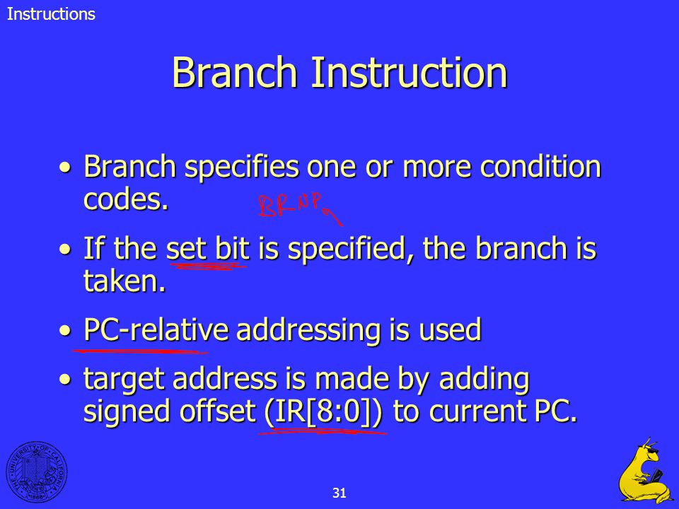 Branch Instruction Branch specifies one or more condition codes.