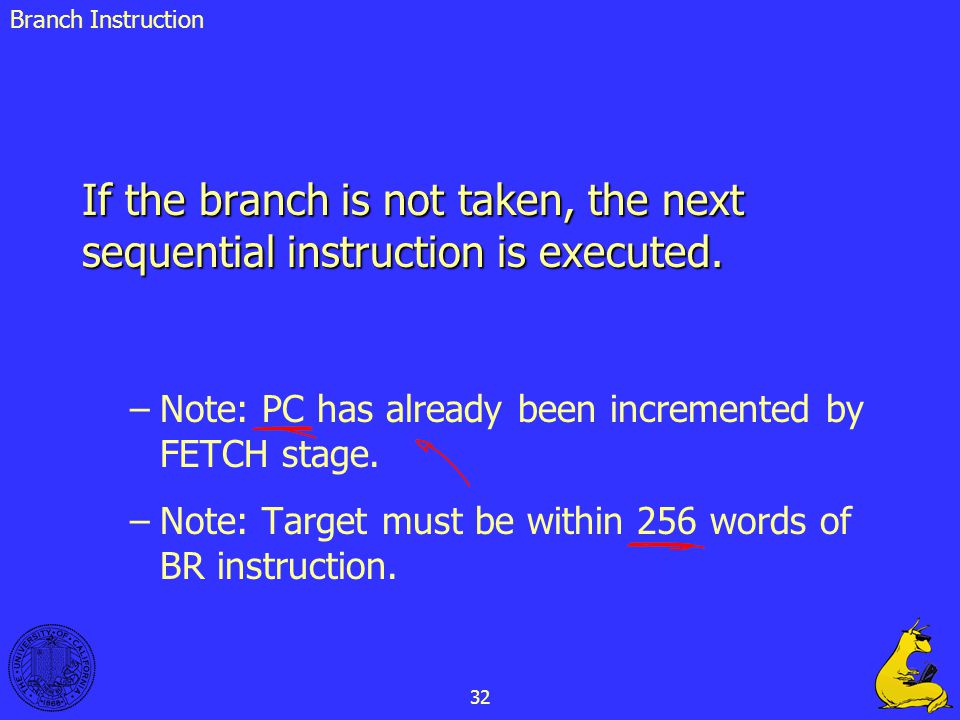 Branch Instruction If the branch is not taken, the next sequential instruction is executed. Note: PC has already been incremented by FETCH stage.