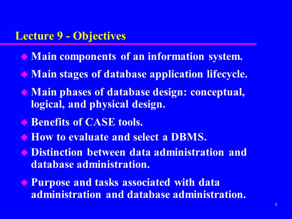 Lecture 9 - Objectives Main components of an information system.