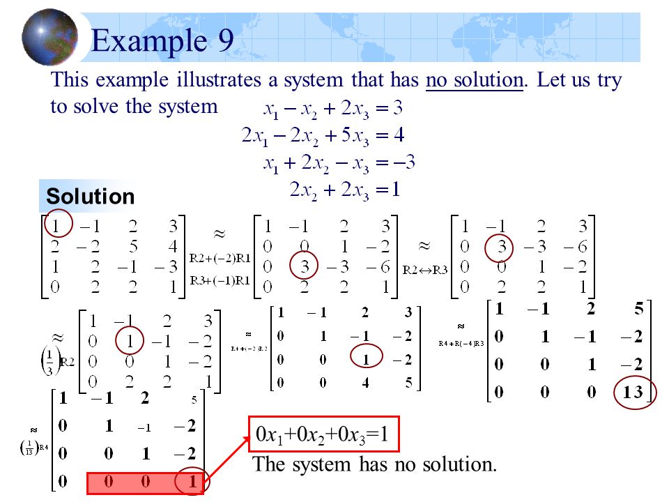 Example 9 This example illustrates a system that has no solution. Let us try to solve the system. Solution.