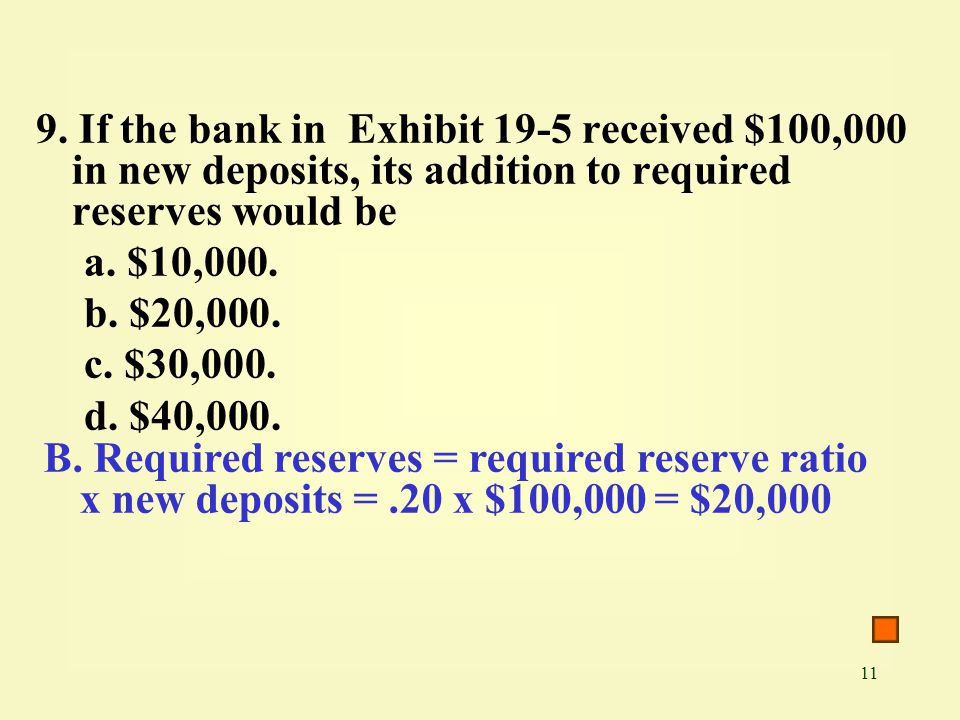 9. If the bank in Exhibit 19-5 received $100,000 in new deposits, its addition to required reserves would be