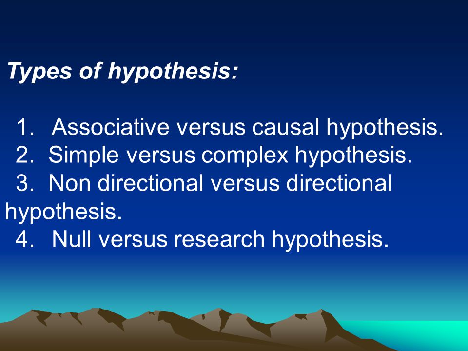 Types of hypothesis: 1. Associative versus causal hypothesis. 2. Simple versus complex hypothesis.