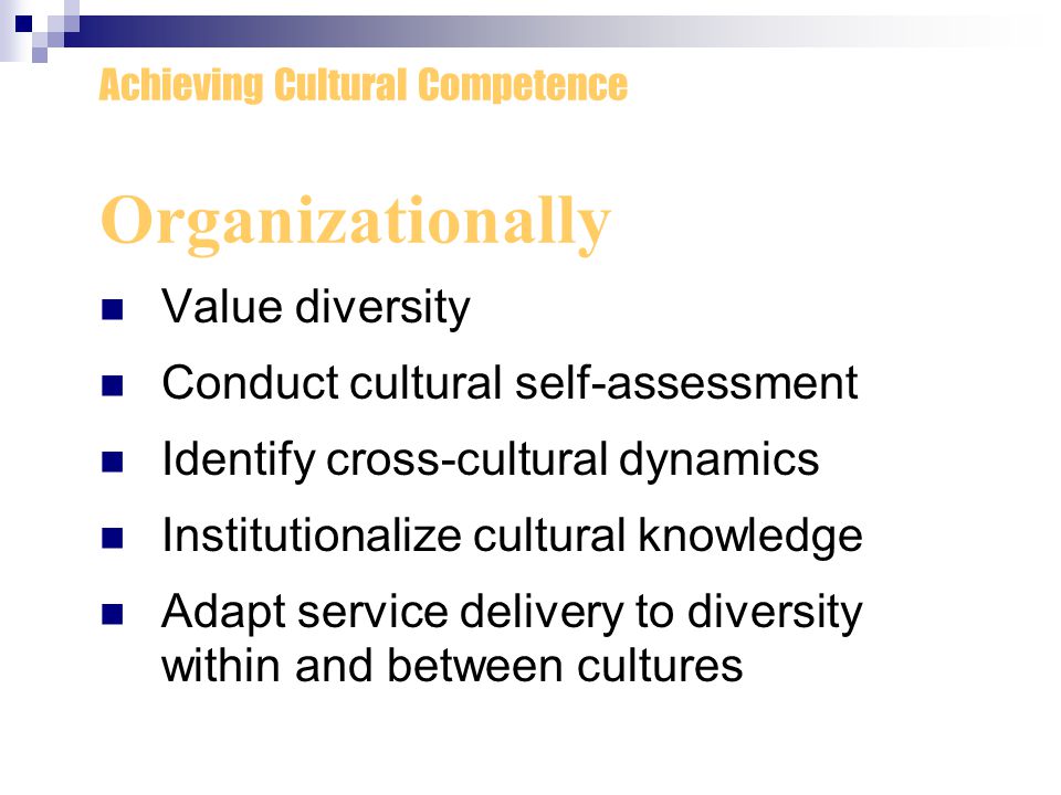 Organizationally Value diversity Conduct cultural self-assessment