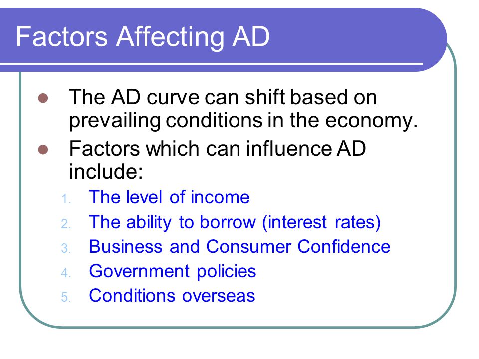 Factors Affecting AD The AD curve can shift based on prevailing conditions in the economy. Factors which can influence AD include:
