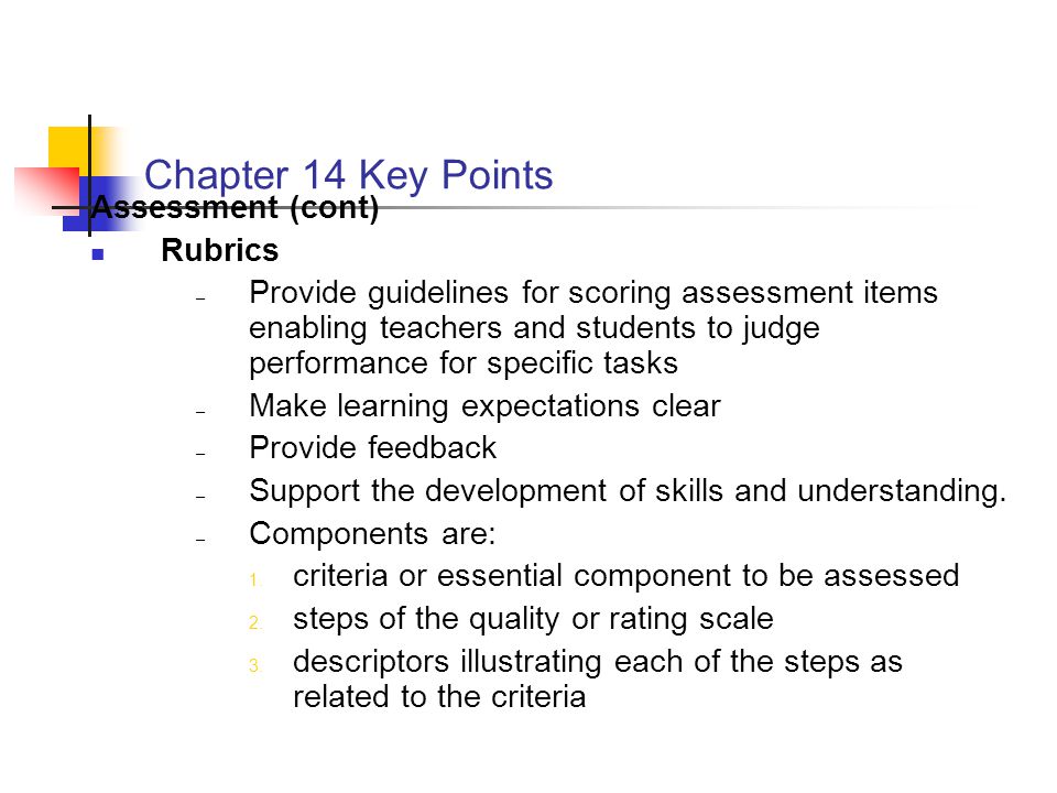 Chapter 14 Key Points Assessment (cont) Rubrics