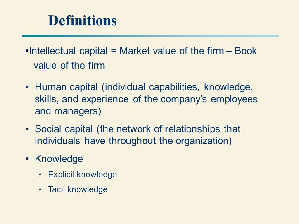 Definitions Intellectual capital = Market value of the firm – Book