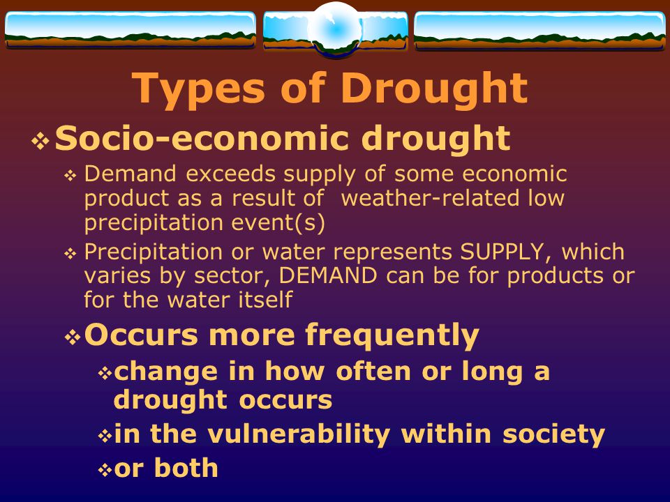 Types of Drought Socio-economic drought Occurs more frequently