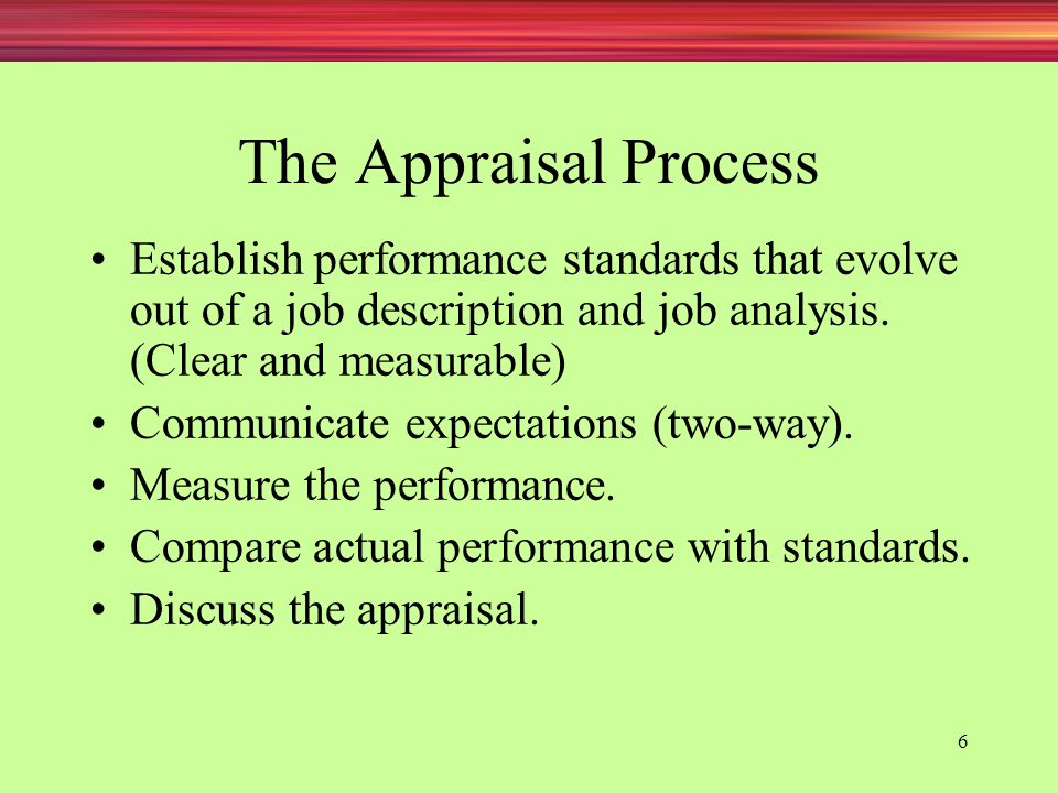 The Appraisal Process Establish performance standards that evolve out of a job description and job analysis. (Clear and measurable)