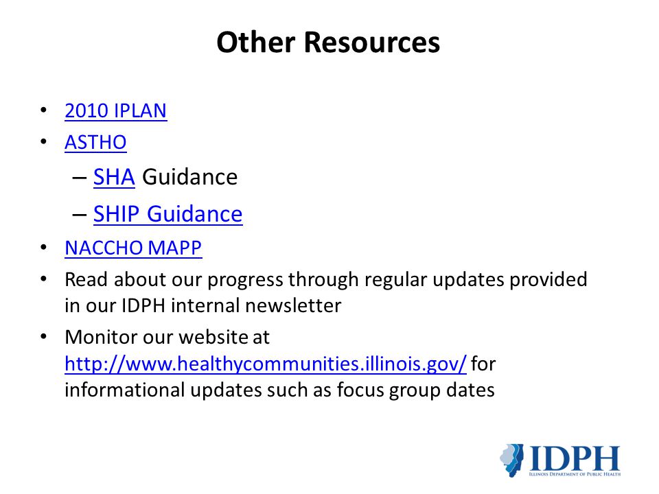 Other Resources SHA Guidance SHIP Guidance 2010 IPLAN ASTHO