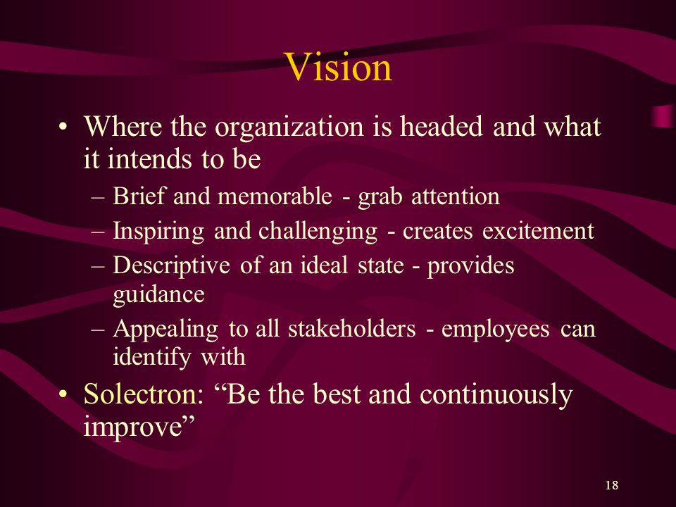 Vision Where the organization is headed and what it intends to be