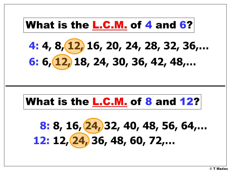 What is the L.C.M. of 4 and 6 4: 4, 8, 12, 16, 20, 24, 28, 32, 36,… 6: 6, 12, 18, 24, 30, 36, 42, 48,…