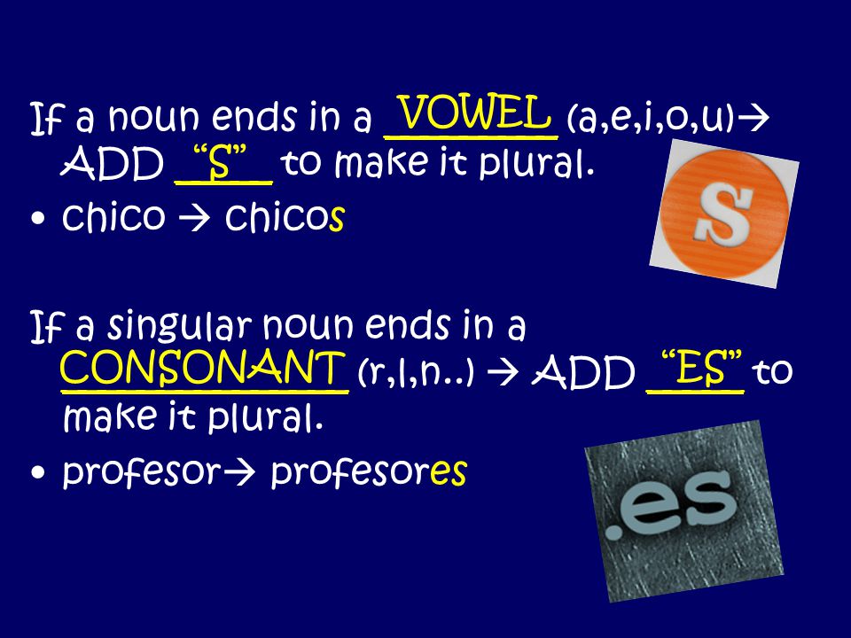 VOWEL If a noun ends in a _________ (a,e,i,o,u) ADD _____ to make it plural. chico  chicos.