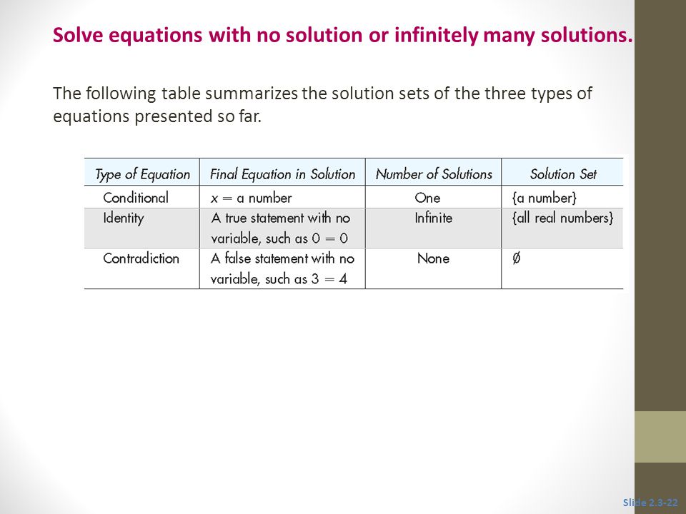 Solve equations with no solution or infinitely many solutions.