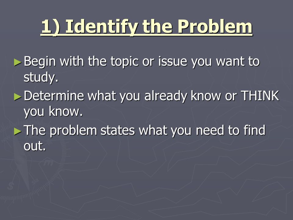 1) Identify the Problem Begin with the topic or issue you want to study. Determine what you already know or THINK you know.