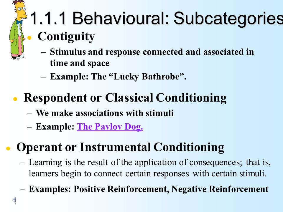 1.1.1 Behavioural: Subcategories