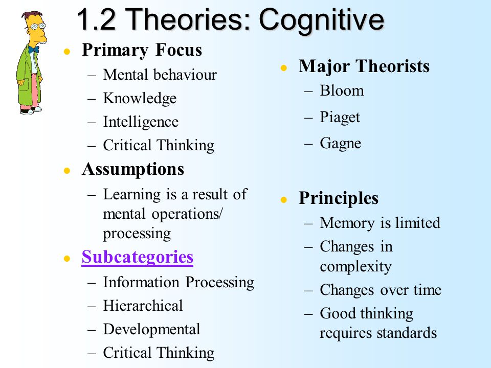 1.2 Theories: Cognitive Primary Focus Major Theorists Assumptions