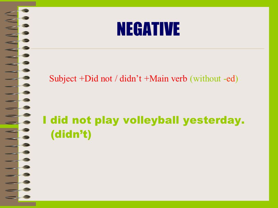 NEGATIVE I did not play volleyball yesterday. (didn’t)