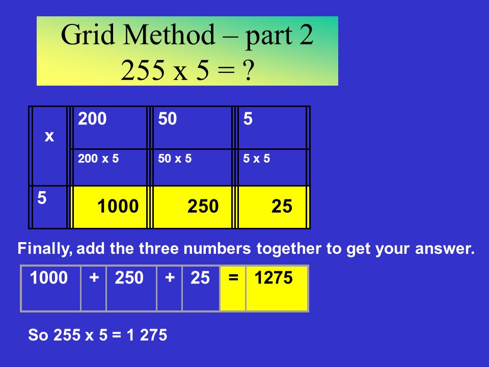 Grid Method – part x 5 = x x x 5. 5 x