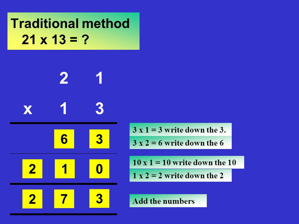2 1 x 3 Traditional method 21 x 13 =