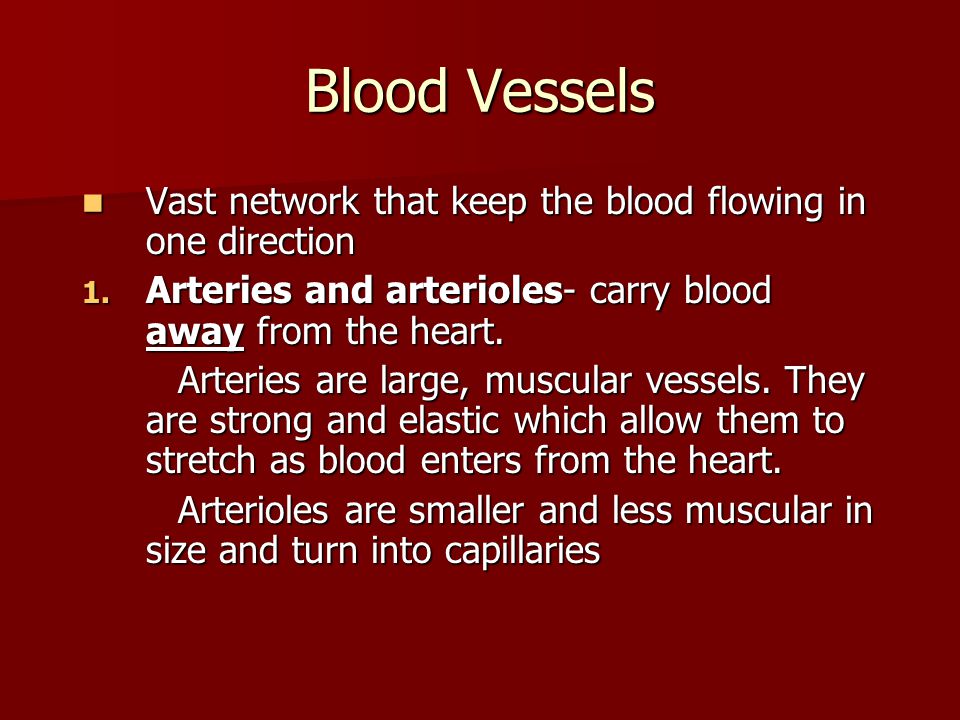 Blood Vessels Vast network that keep the blood flowing in one direction. Arteries and arterioles- carry blood away from the heart.