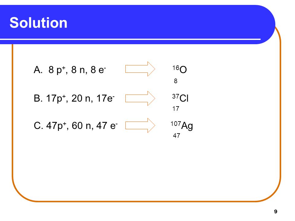 Solution A. 8 p+, 8 n, 8 e- 16O 8 B. 17p+, 20 n, 17e- 37Cl 17