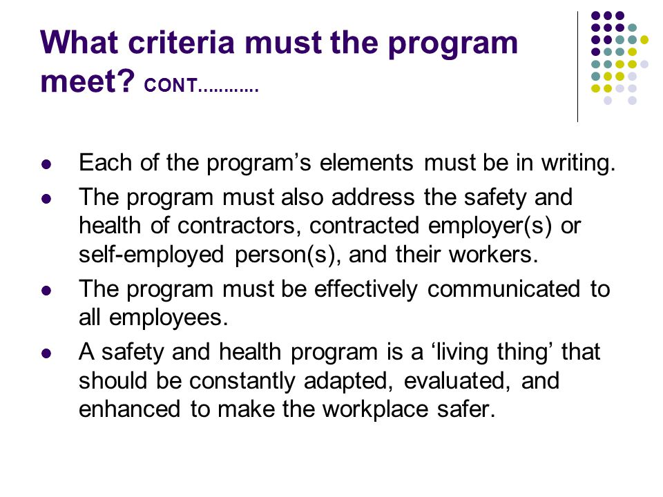 What criteria must the program meet CONT